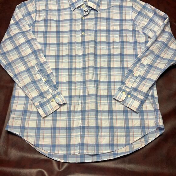Peter Millar blue white pink plaid long sleeve button down shirt, size XL - Picture 4 of 13